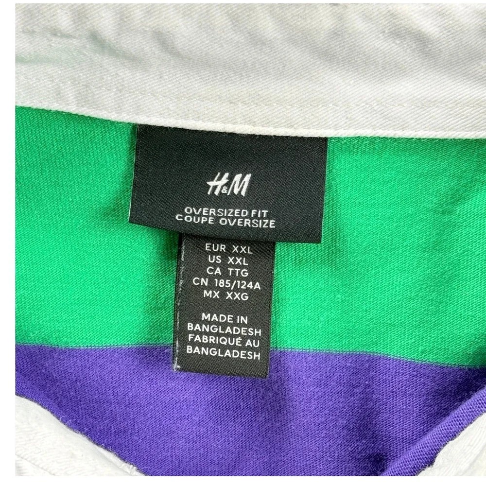 H&M Polo Shirt Mens 2XL Green Navy Stripe Rugby Long Sleeve Top 90s Style